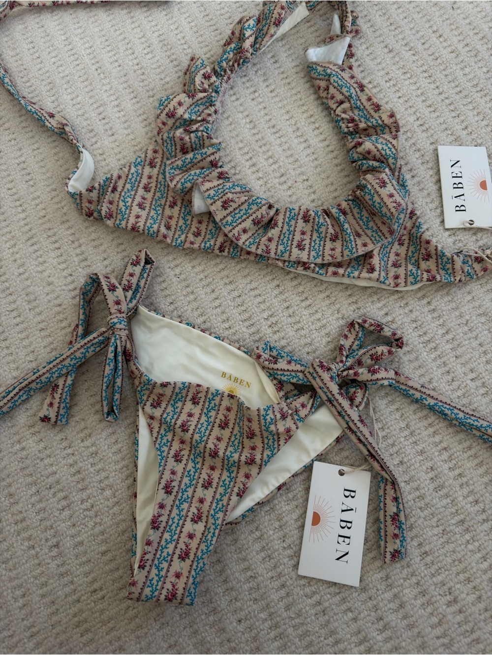 Baben Beige Floral Stripe Ruffle Bikini Set NWT
